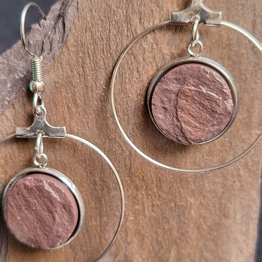 Image of Handmade Red Welsh Slate Hoop Earrings – Stone & Stainless Steel Jewellery
