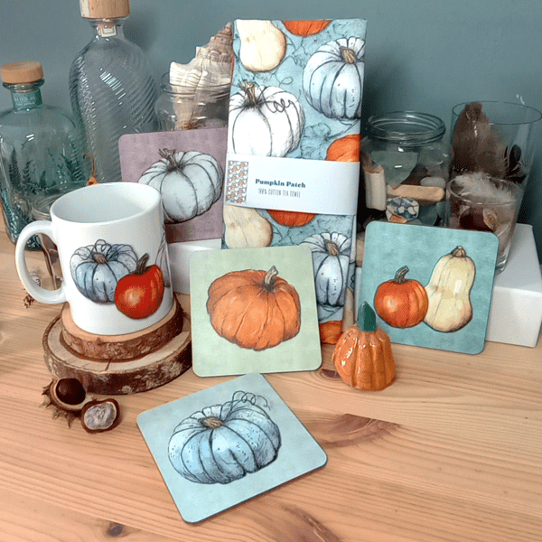 Pumpkin Patch Illustrated Eco Gift Set: Ceramic Mug, Tea Towel & Coasters