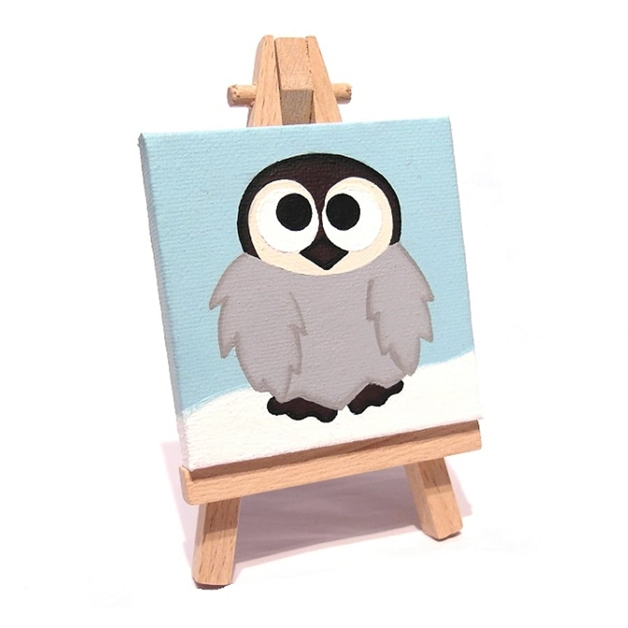 Baby Penguin Mini Art - miniature painting of a cute penguin, includes easel