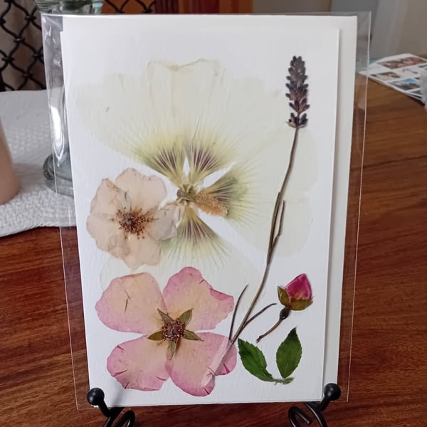 Unique pressed flower greeting card. Holly-hock, rose, lavender. A6 size 4x6inch