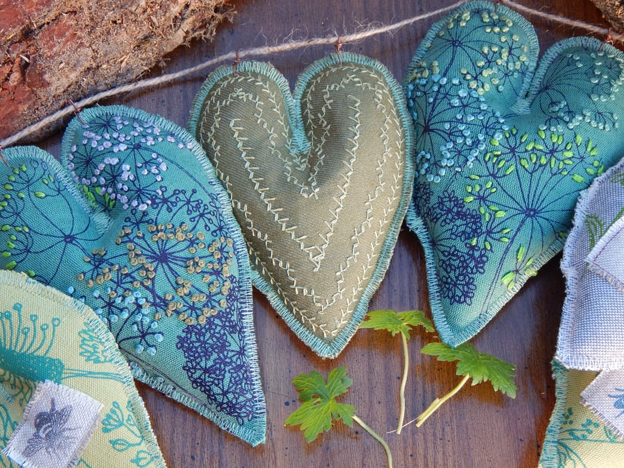 Green gardening and wildflower  -Screen printed heart -64cm-Bunting,wall hanging