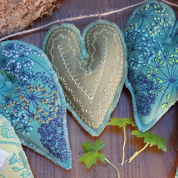 Green gardening and wildflower  -Screen printed heart -64cm-Bunting,wall hanging