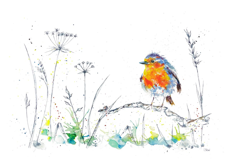 The Visiting Robin watercolour print, bird painting, ink drawing