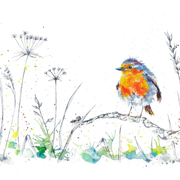 The Visiting Robin watercolour print, bird painting, ink drawing