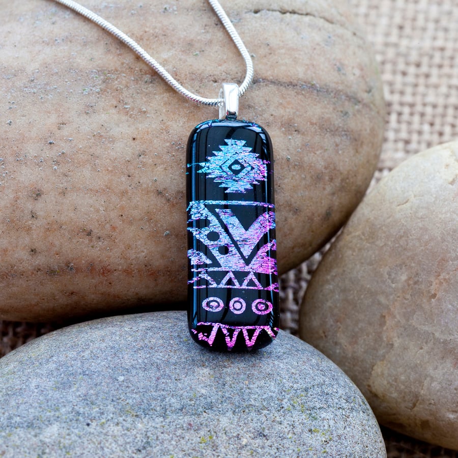 Purple Aztec Patterned Dichroic Fused Glass Pendant
