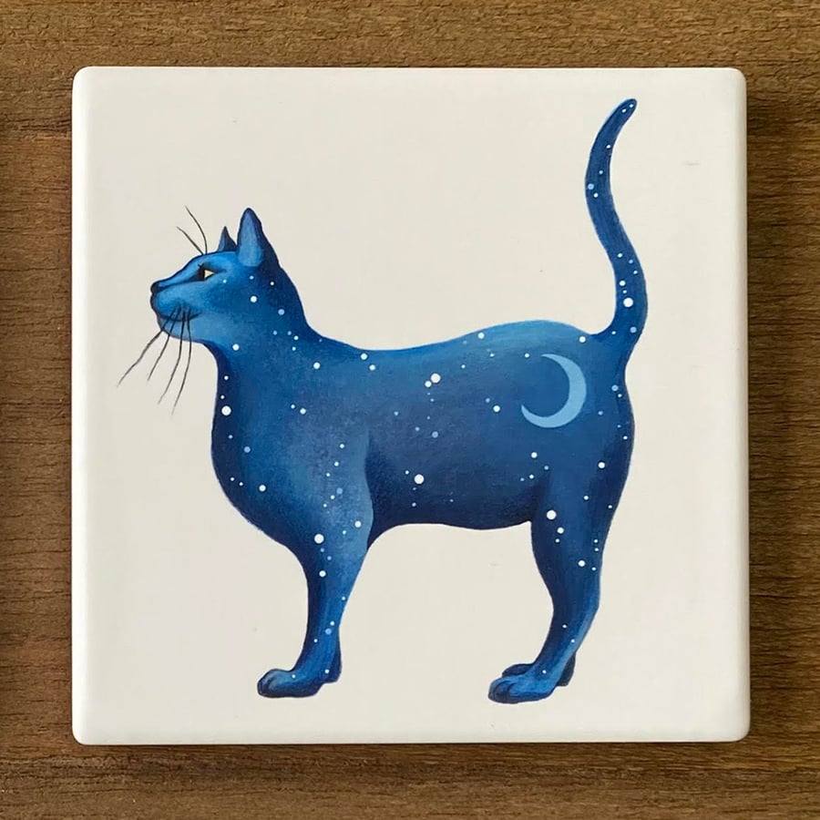 Perfectly Imperfect, Cat coaster, ceramic drinks coaster. 'Seconds' Cat Standing