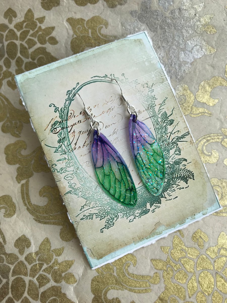 Green and Purple Fairy Wing Earrings Sterling Silver