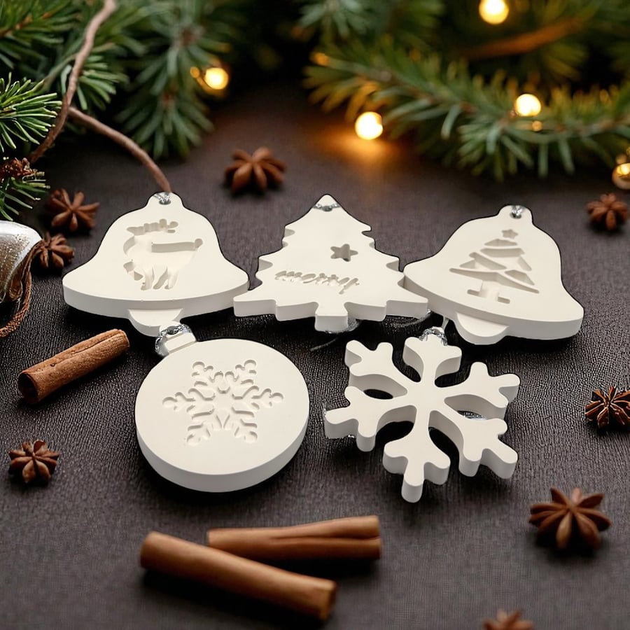 Set of Five White Festive Hanging Christmas Decorations