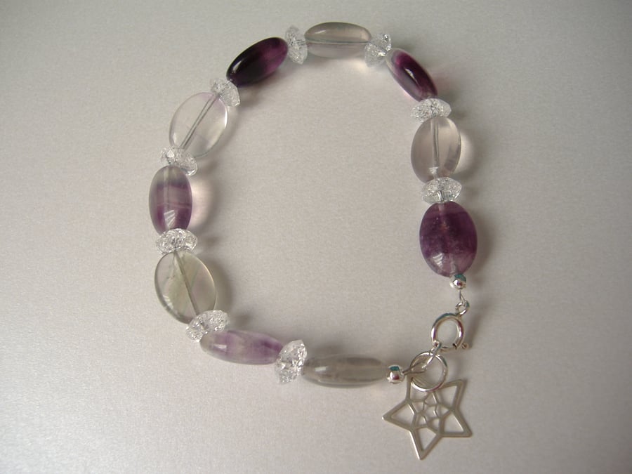 Rainbow Fluorite and Clear Crackled Quartz Bracelet - Sterling Silver 