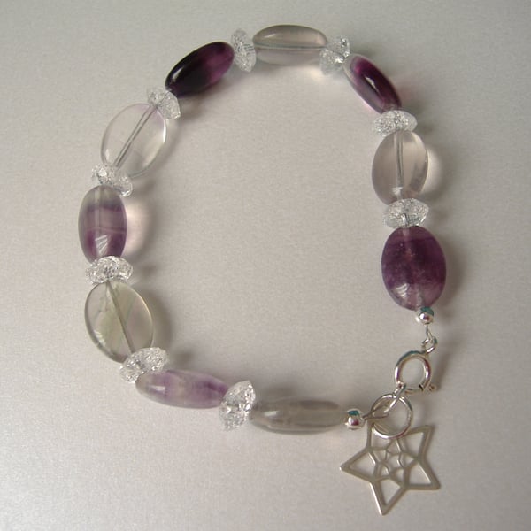 Rainbow Fluorite and Clear Crackled Quartz Bracelet - Sterling Silver 
