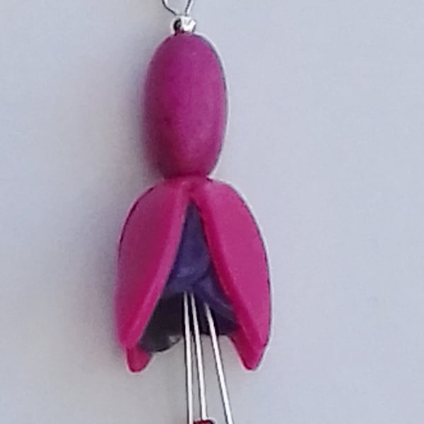 Fuchsia flower pendant, on silver plated chain