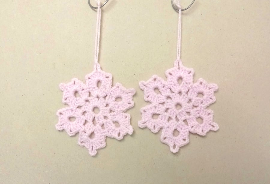 Snowflake decorations for Christmas, sparkly pink, set of two, handmade