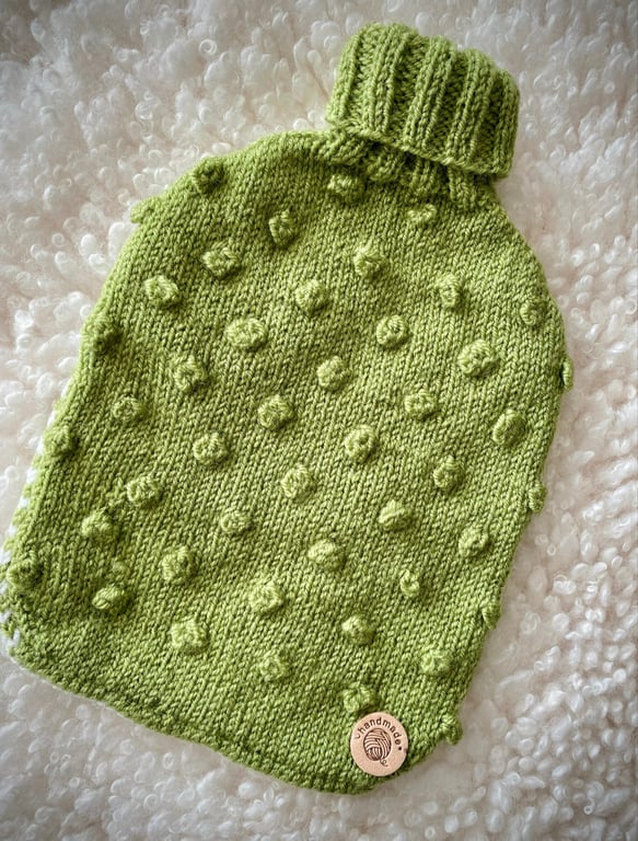 Hand Knitted Bobble Hot Water Bottle Cover - Green