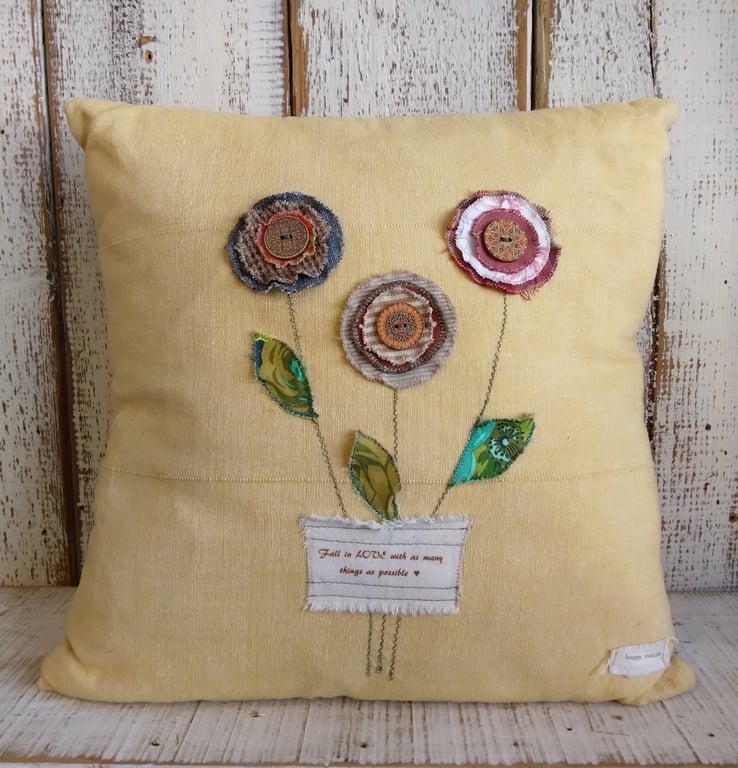 Handmade Yellow Cushion with Fabric Flowers, Upcycled Textile Pillow