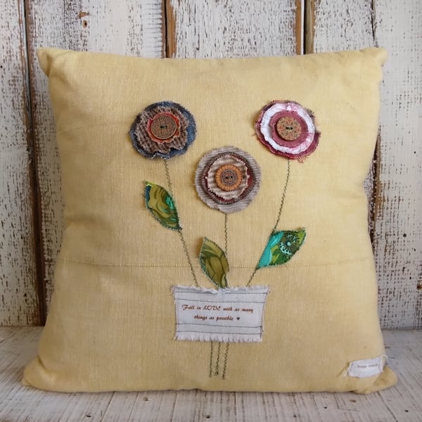 Handmade Yellow Cushion with Fabric Flowers, Upcycled Textile Pillow
