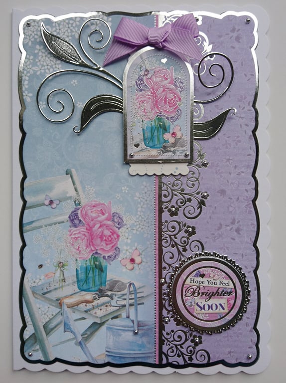 Get Well Soon Card Vintage Flowers Watering Can Gardening 3D Luxury Handmade