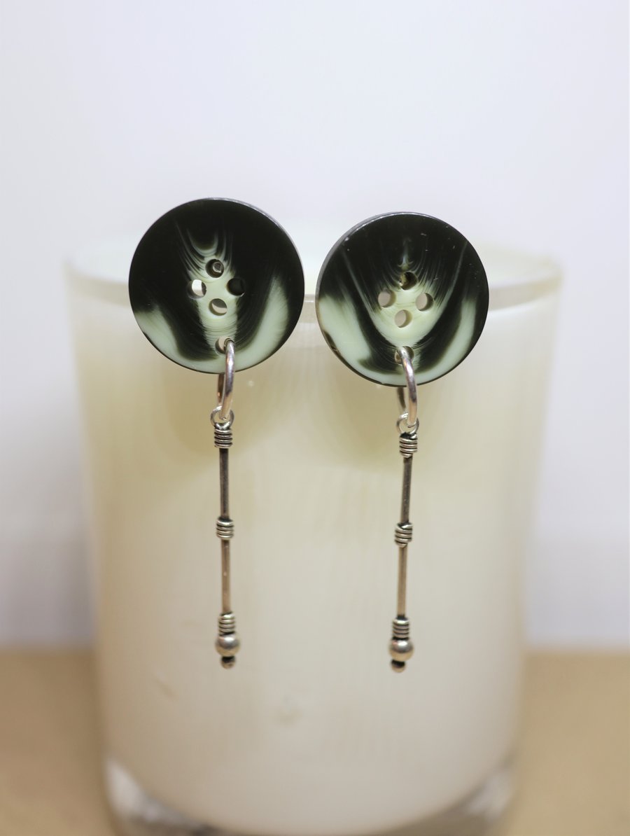 Black and cream vintage button earrings - 925 silver findings - one of a kind