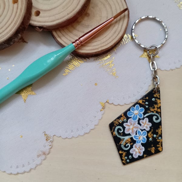 Wooden diamond shaped flower Keyring 