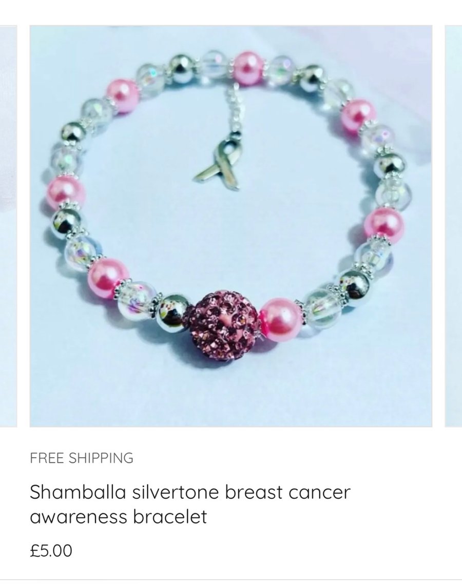 Breast cancer awareness stretch beaded shamballa ribbon charm bracelet 