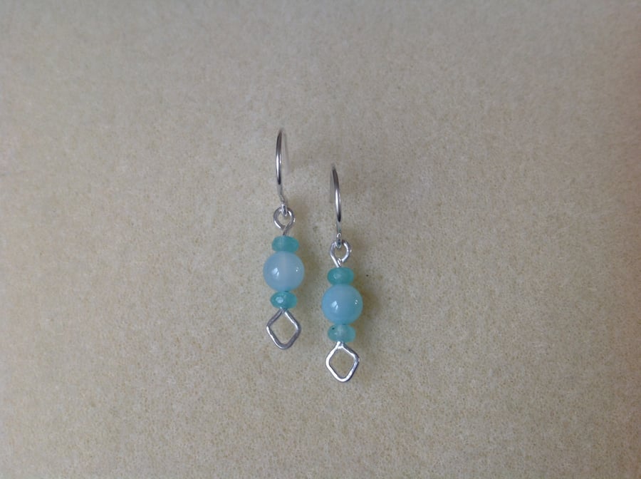 Sterling silver blue Chalcedony and Aqua Quartz diamond shaped earrings