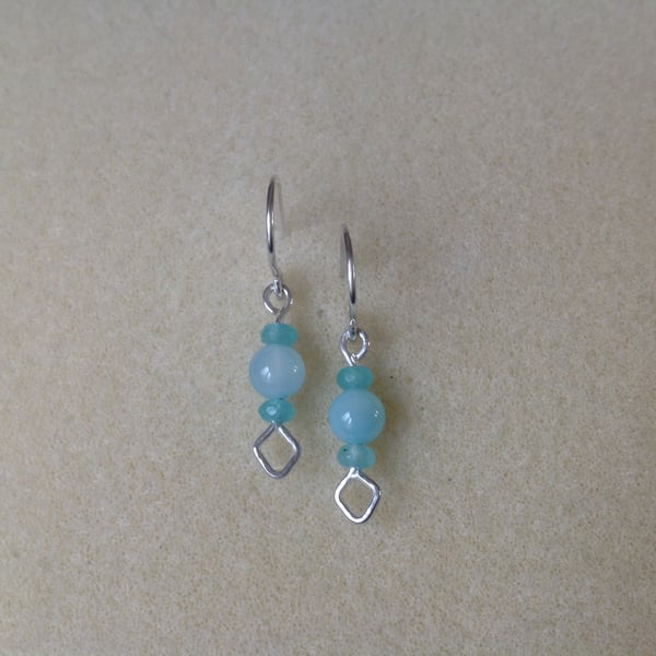 Sterling silver blue Chalcedony and Aqua Quartz diamond shaped earrings