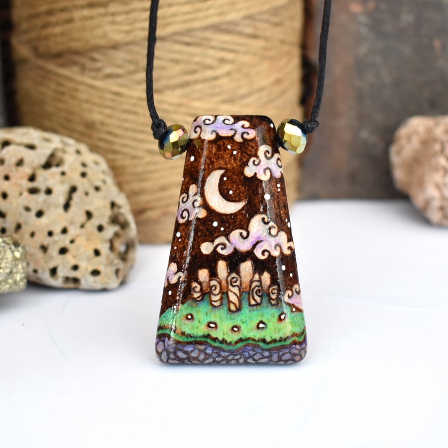 Moonlit stone circle pyrography pendant. Ideal for a wood anniversary.