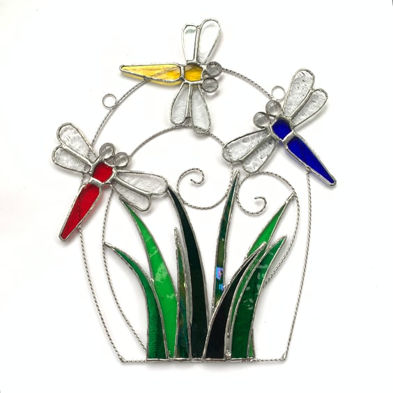 Stained Glass Dragonfly Meadow Suncatcher - Handmade Hanging Window Decoration 
