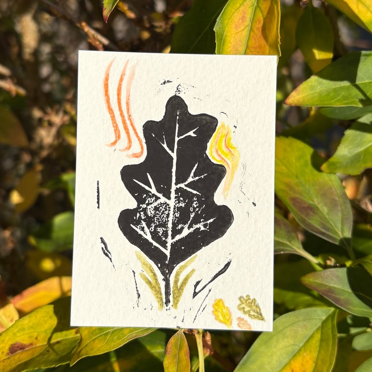 ACEO Original Lino Print Mixed Media Oak Leaf Miniature Artwork 3 of 4