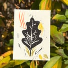 ACEO Original Lino Print Mixed Media Oak Leaf Miniature Artwork 3 of 4