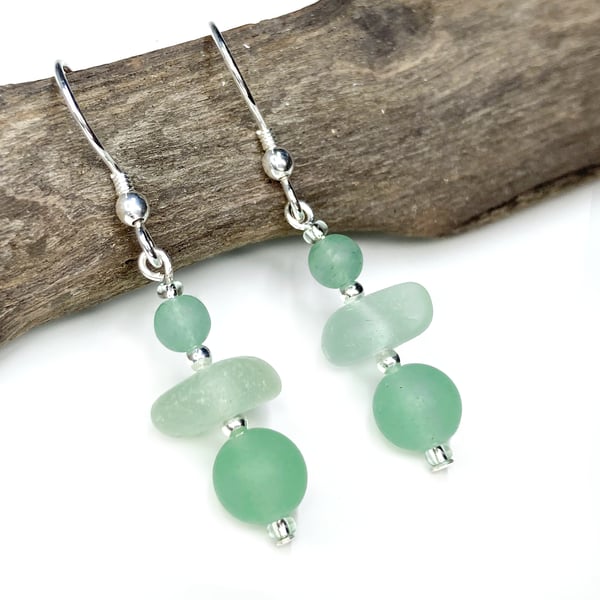 Sea Glass Earrings. Green Aventurine Crystal Dangly Earrings - Sterling Silver