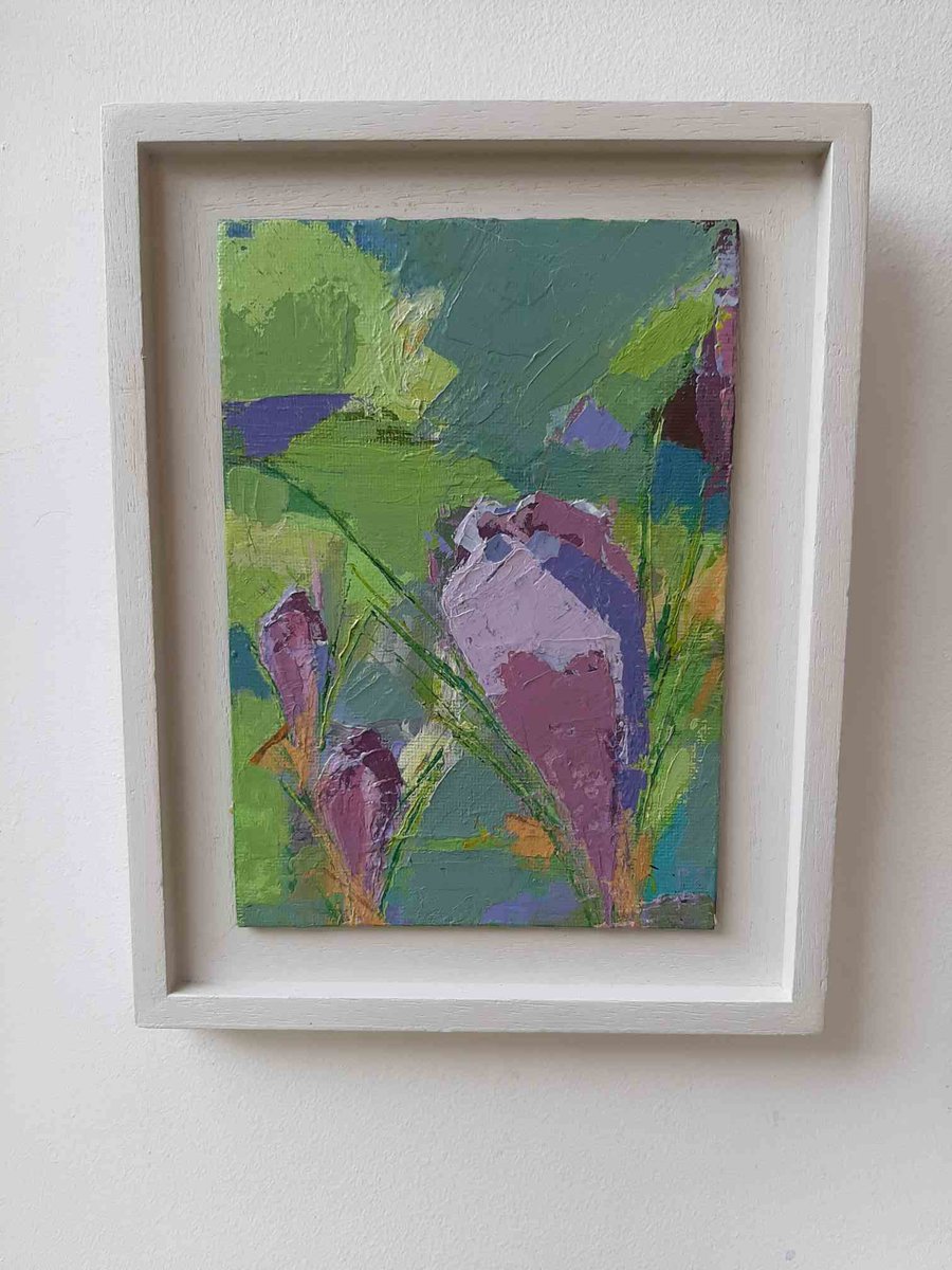 Abstract crocus painting in hand made frame