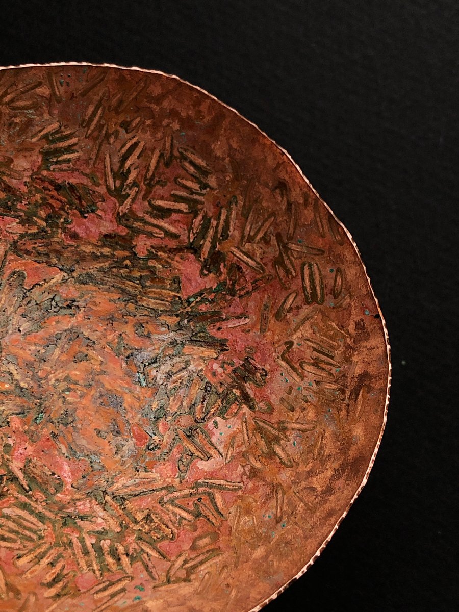 Hand raised copper bowl with colourful patina