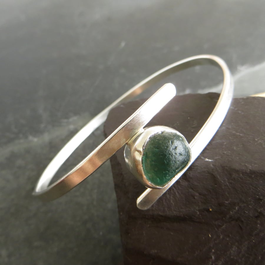 Sterling Silver Bangle with Teal Green Seaglass, Hallmarked