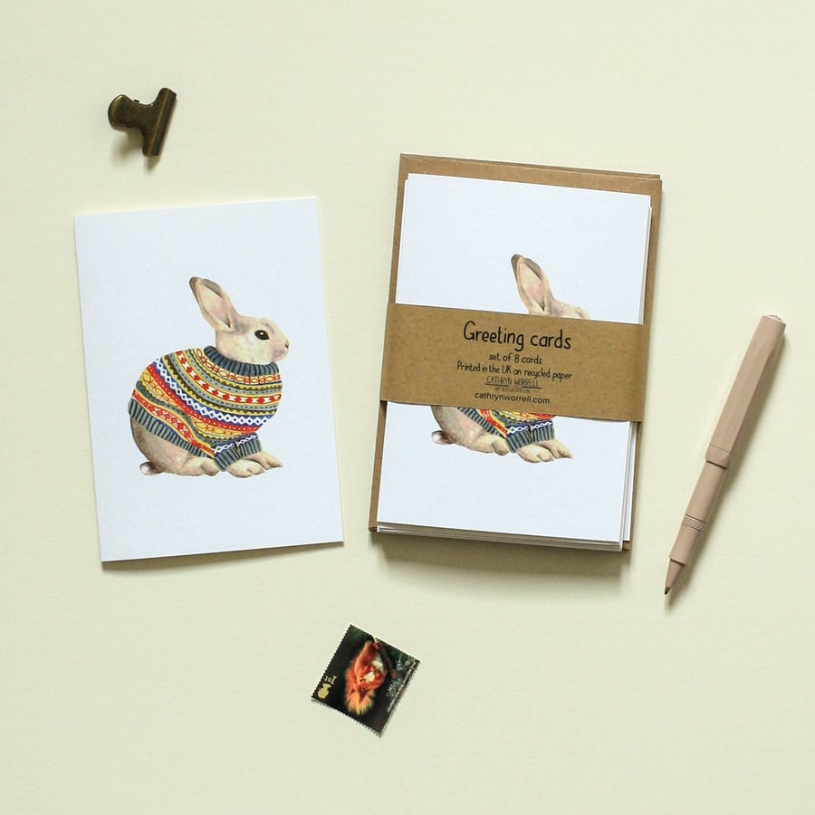 Bunny rabbit in a Fair Isle sweater - set of 8 greeting cards