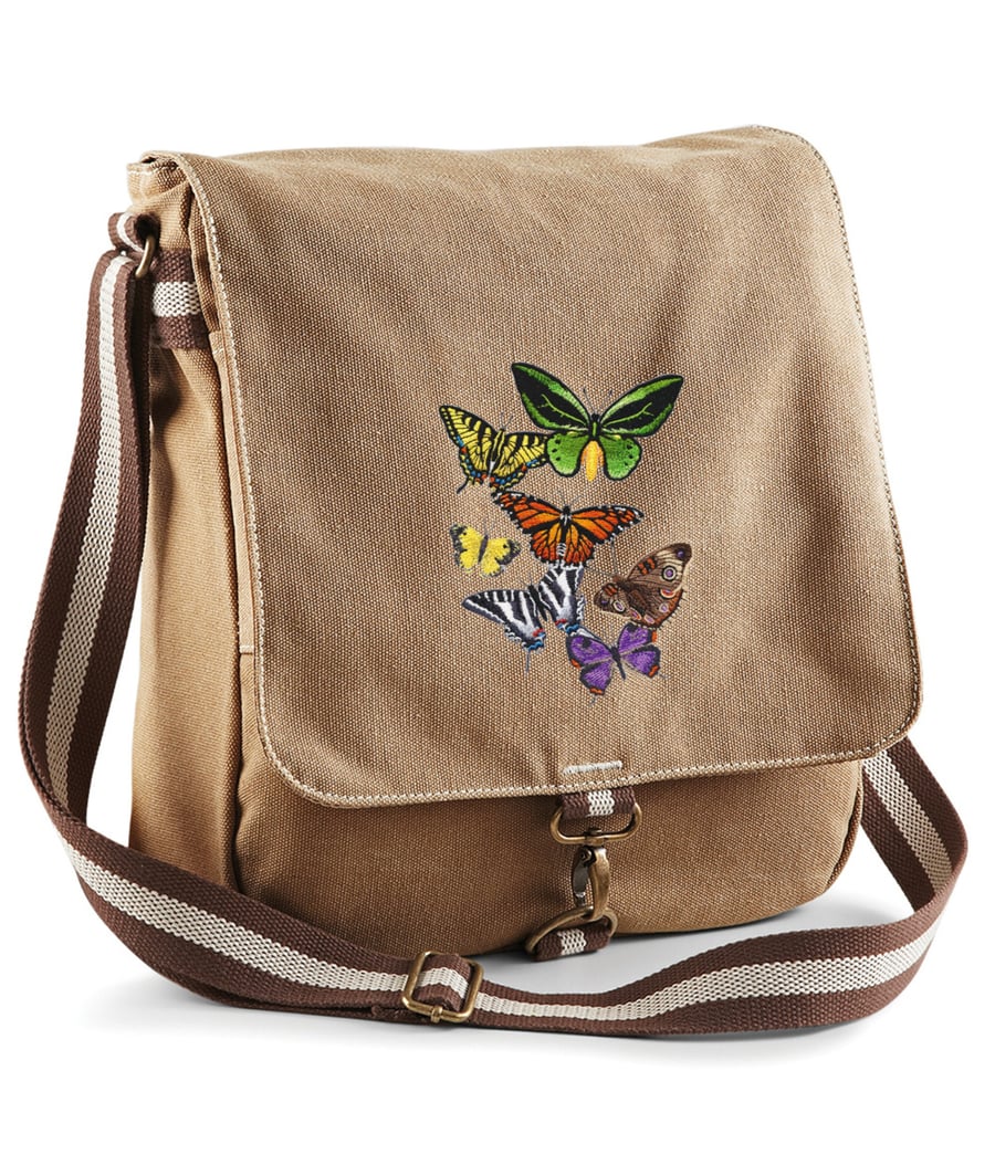 Butterfly Kaleidoscope Embroidered Canvas Field Bag