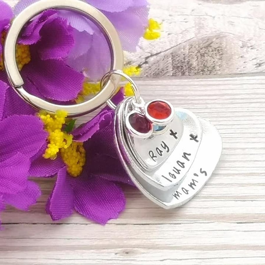 Personalised Stacked Three Heart Keychain With Birthstone Crystals - Custom Mum