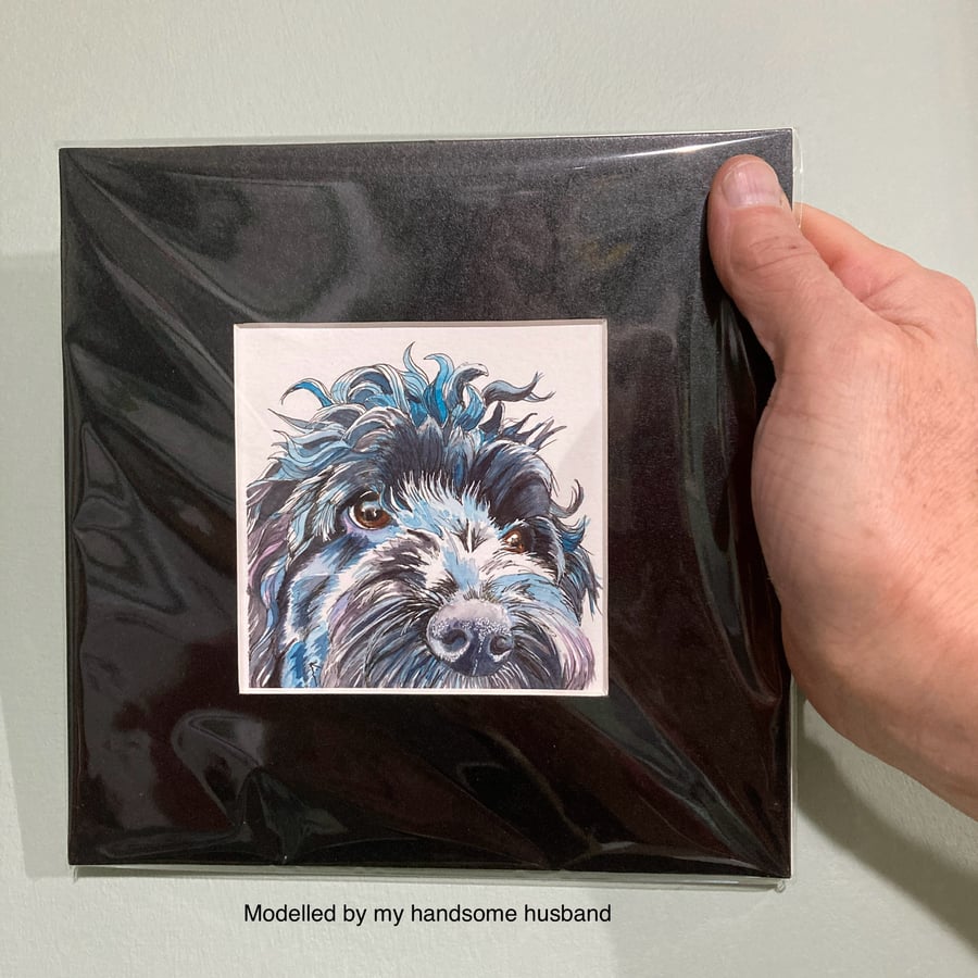 Small Watercolour Original Painting of Black Cockapoo Dog for 8" Frame