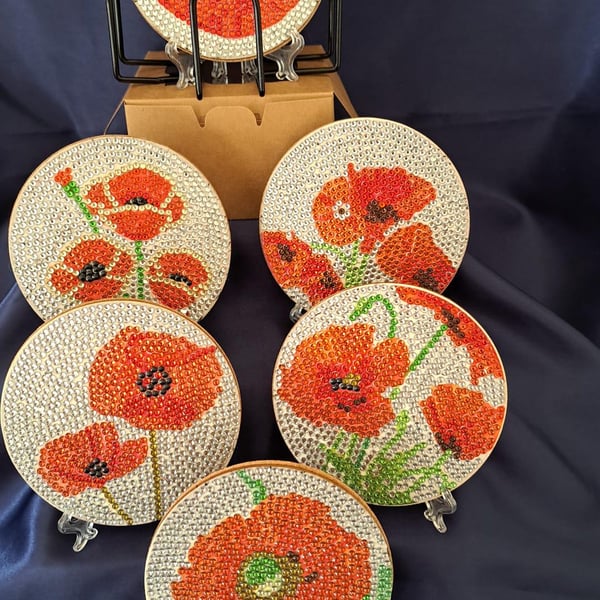 Flower Coasters Set: Diamond Art, Cork Base, Metal Stand