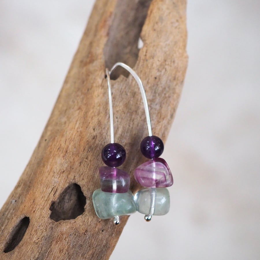 Fluorite and amethyst silver drop earrings, dangle bead earrings