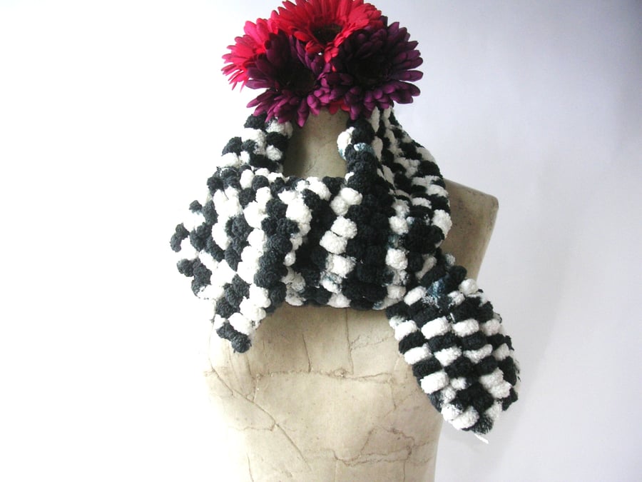 Black, white, grey, 'bobbles' effect narrow knitted Scarf, neck warmer