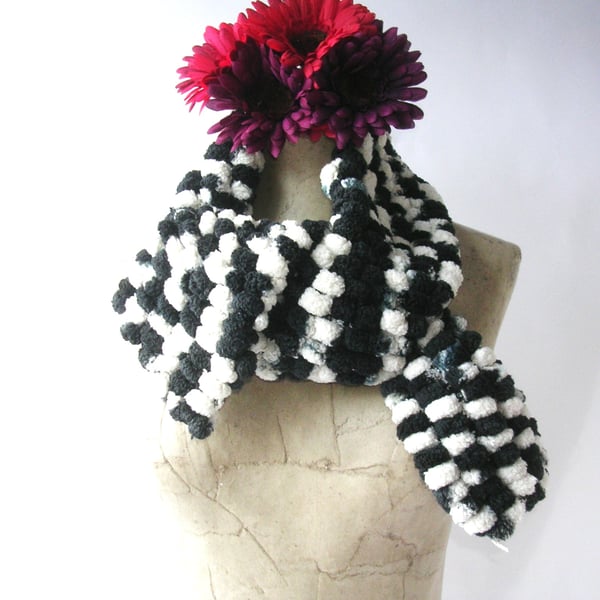 Black, white, grey, 'bobbles' effect narrow knitted Scarf, neck warmer