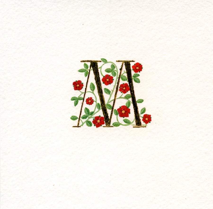 Letter M in 23c gold leaf with red roses handpainted initials.