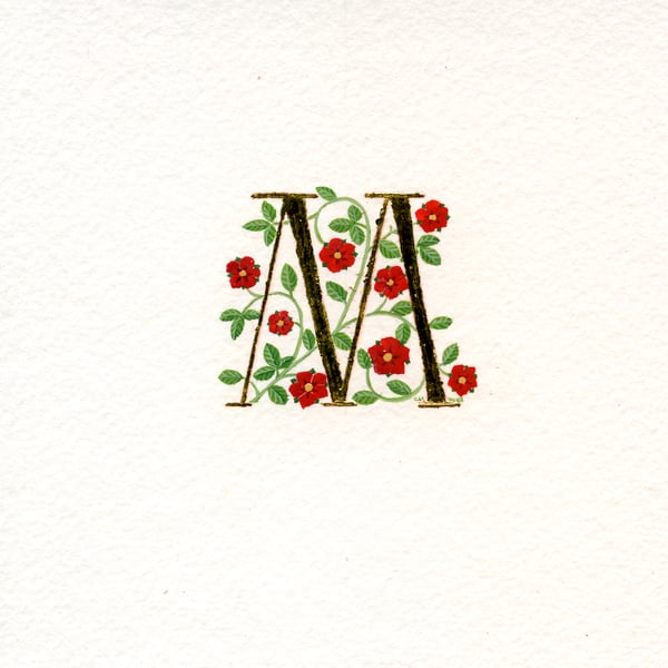 Letter M in 23c gold leaf with red roses handpainted initials.