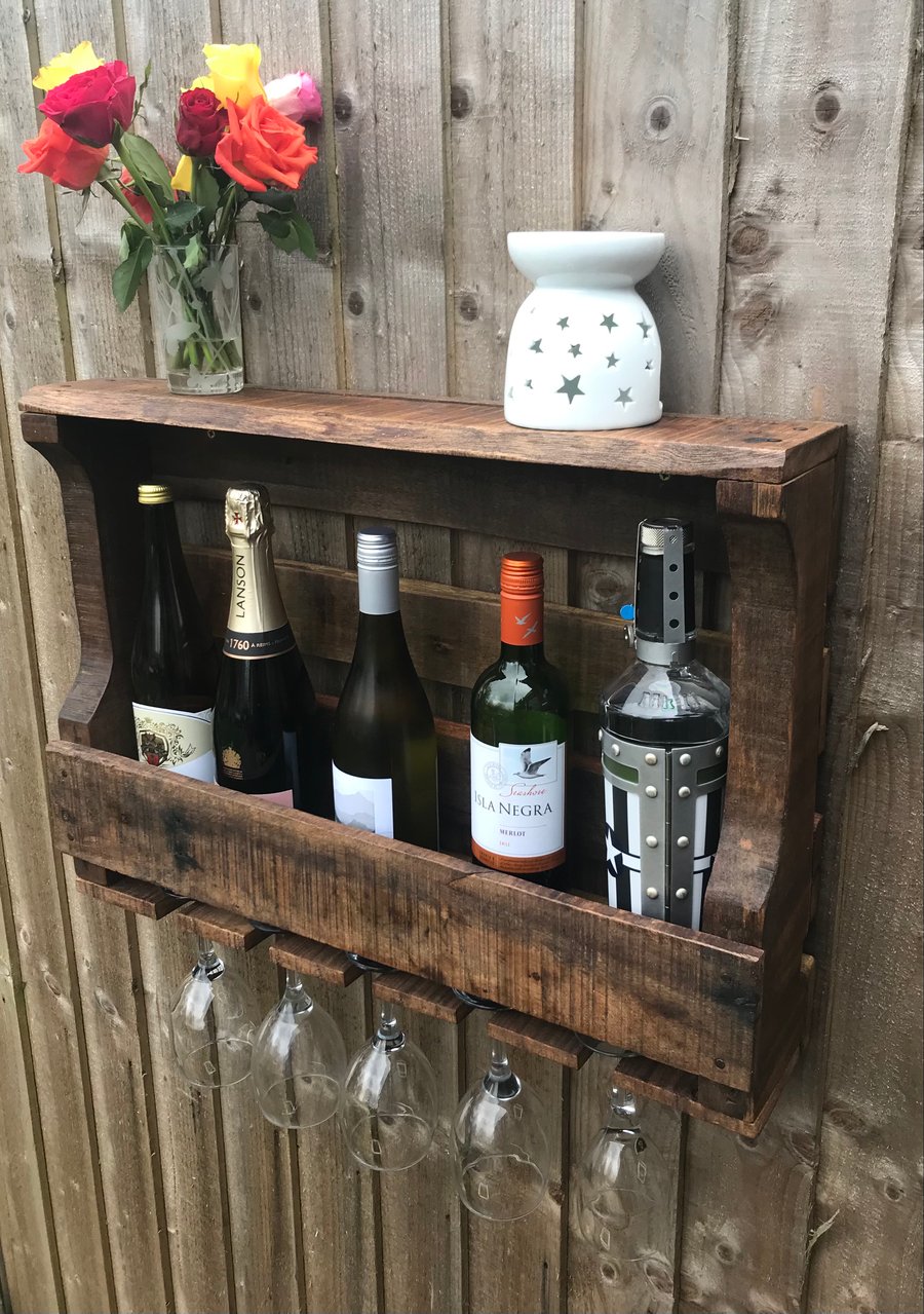 Wine rack. Rustic wood. Holds 5 bottles & glasses. Free Shipping!