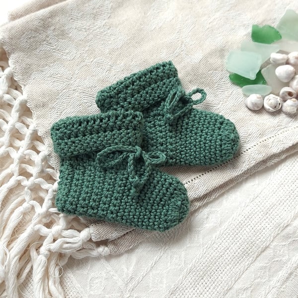 Organic Baby Booties, certified cotton, sage green, 0-5 months