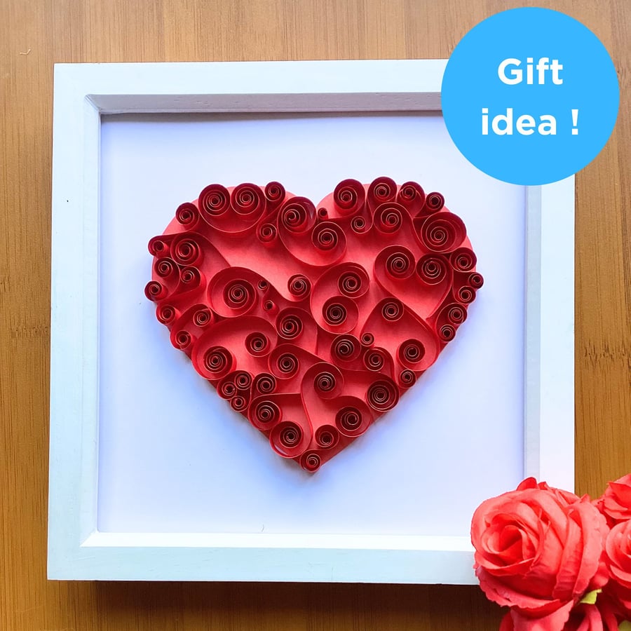 Red Love Heart Valentines Anniversary Gift Quilled Paper Art in Box Frame