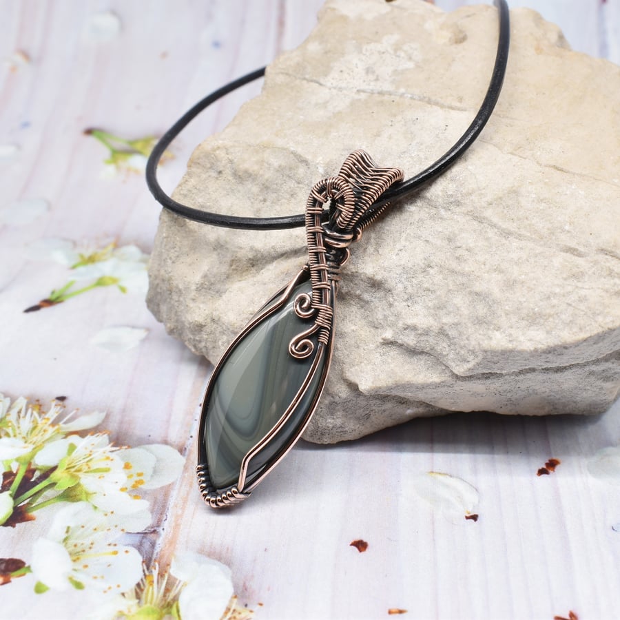 Wrapped and Woven Banded Agate Unisex Pendant