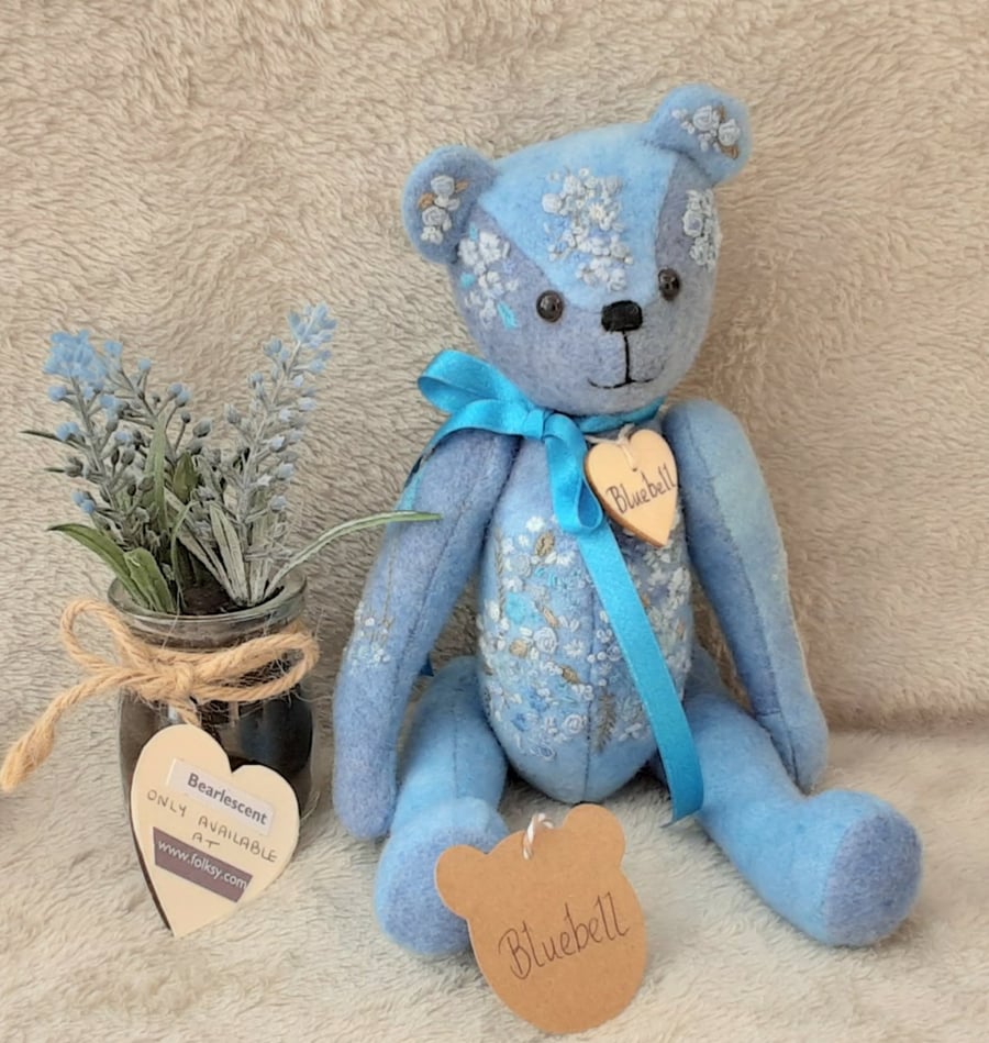 SOLD.  Hand Embroidered Artist Bear, unique hand dyed Collectable Teddy bear