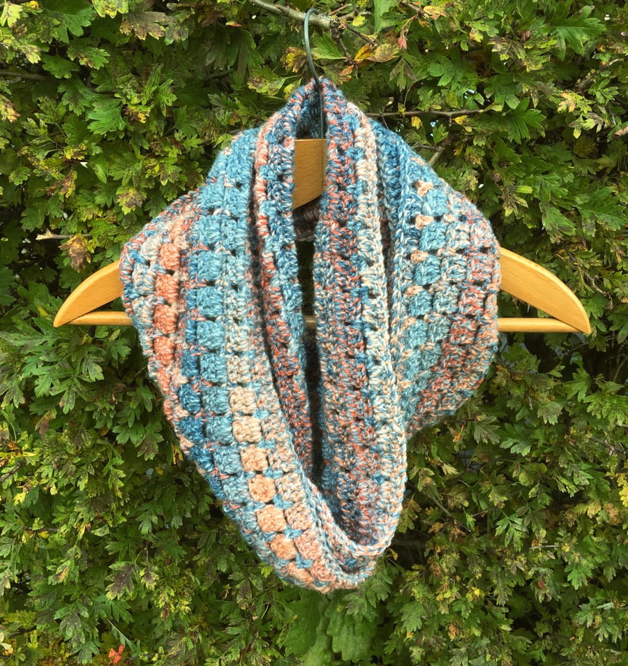 Chunky Pastel Infinity Scarf, Pale Blue and Coral Crochet Scarf