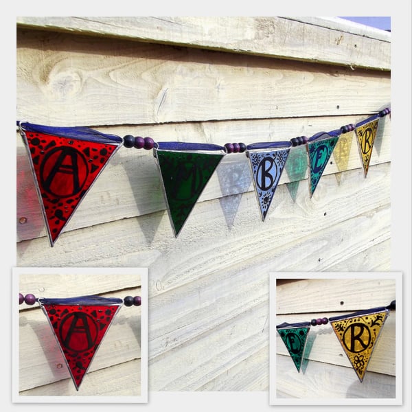 Personalised Stained Glass Bunting, Multi colour, Folk style painted detail